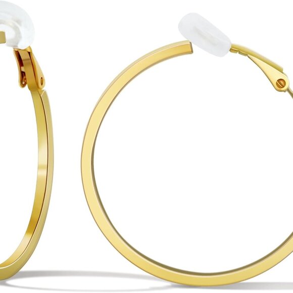 Clip On Hoop Earrings Women 14K Gold Large Non-Pierced Hypoallergenic - Picture 1 of 6